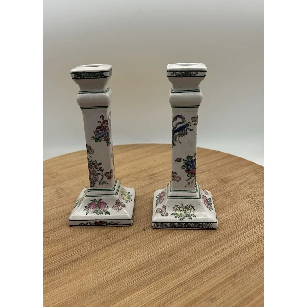 Pair Chinese Porcelain Candle Holders Famille Rose Style Square Base Vintage‎